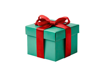 Teal gift box with red ribbon and bow