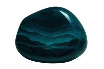 Shiny gemstone showcasing mountain scenery, set against a clear background, ideal for jewelry or imaginative creations