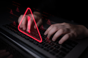 Cybersecurity alert warning showing red cyber for data breach, network threat, and cyber security...