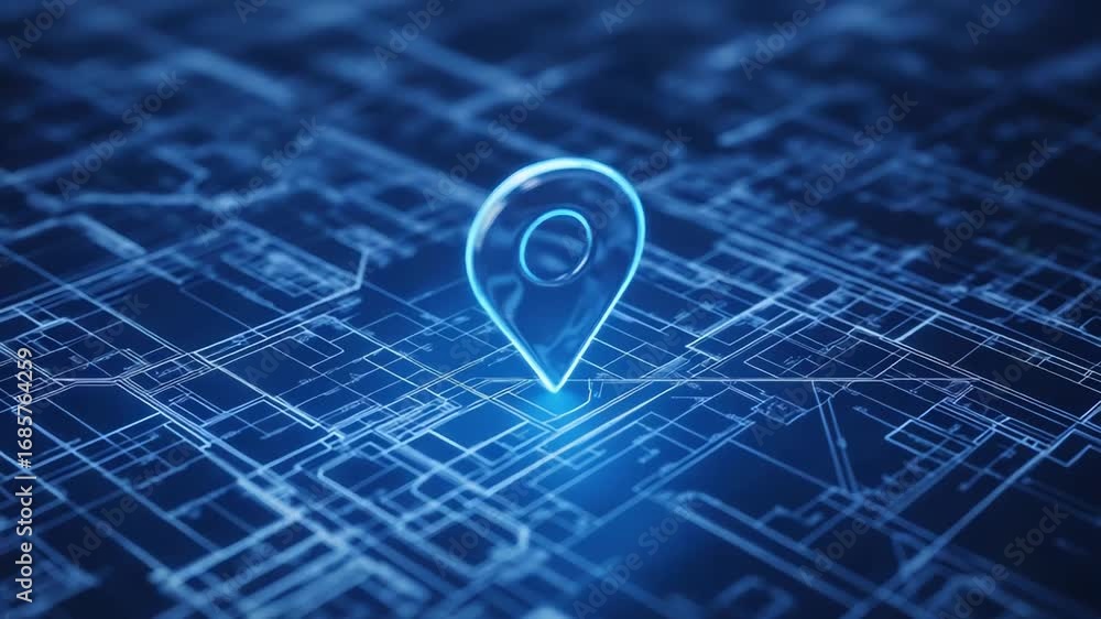 Poster glowing location pin showing position on futuristic circuit board map