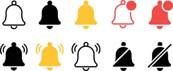 Collection of notification bell icons, showing active alerts and silent modes.