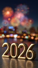 Golden numbers 2026 in the foreground with colorful fireworks in the background, celebrating the New Year and Christmas festivities.