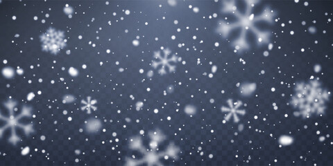 Falling Snow Effect On Transparent Background For Winter, Christmas And Holiday Designs, Decorative Seasonal Overlay For Festive Projects, Vector Illustration