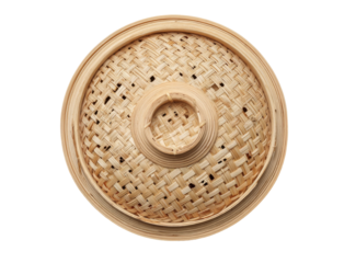 Close-up top view of a light beige woven bamboo steamer lid