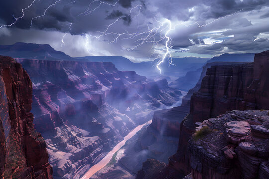 Dramatic Lightning Storm at Grand Canyon: Moody Scenic Landscape of USA's Natural Beauty