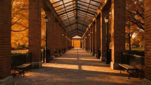 Covered walkway with bench in autumn landscape