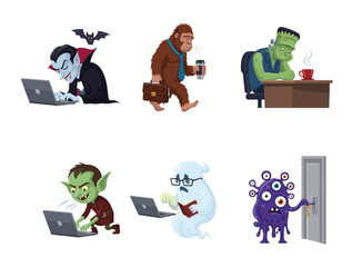 Funny cartoon monsters at work, vampire, zombie, ghost, bigfoot using laptops, humorous office creatures illustration, perfect for Halloween designs