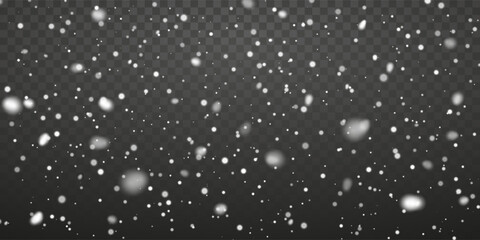 Falling Snow Background With White Particles On Dark Transparent Effect. Winter Holiday Overlay For Christmas, New Year, And Seasonal Design Projects. Vector Illustration