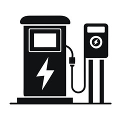 "Electric Vehicle Charging Station Icon – Black and White Vector Illustration Featuring Plug-In Unit, Display Screen, and Lightning Bolt Symbols – Representing Sustainable Transportation, Eco-Friendly