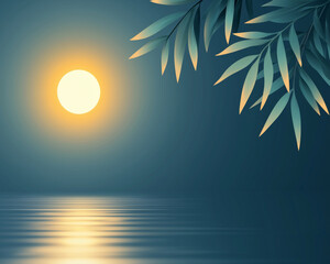 Serene summer solstice scene featuring glowing sun above calm waters, framed by lush green leaves, evokes tranquility and peace