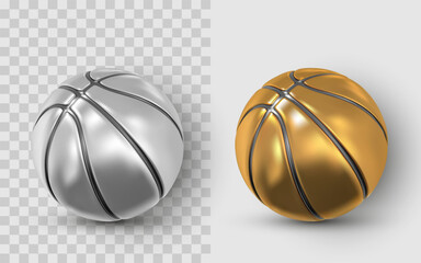 Golden and Silver Metallic Basketball 3D Realistic Icon Set with Shiny Surface and Shadows. High-Quality Sports Design Element. Vector Illustration