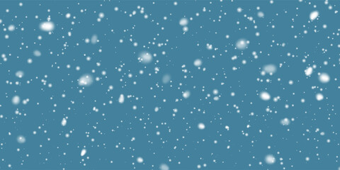 Snowflakes Falling On Blue Background, Winter Cold Weather Seasonal Backdrop For Christmas, New Year, and Holiday Decoration Design. Clean Abstract Texture. Vector Illustration