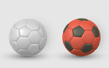 Soccer Balls in Clean 3D Style, Featuring White and Red Variants with Realistic Shadows and Smooth Surfaces on a Neutral Background. Perfect for Sports Design Projects. Vector Illustration
