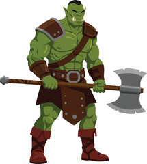 Green orc warrior holding large battle axe in fantasy armor vector illustration for game design and storytelling 