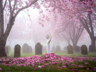 Zombie hand emerges from grave under pink cherry blossoms