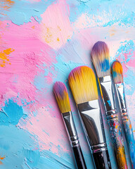 Fototapeta premium Colorful Artist Studio Supplies: Paint, Brushes, Canvas, and Textured Background