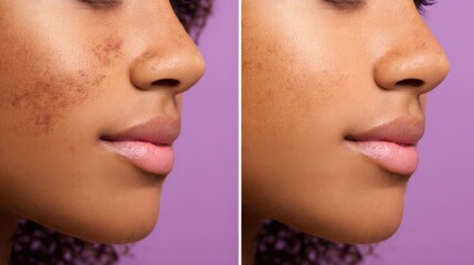 Obraz premium Before and after skin treatment showcasing improvement in complexion and texture on a model's face
