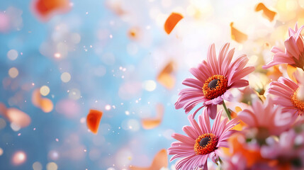 Bright pink flowers with vibrant petals create cheerful atmosphere, surrounded by soft bokeh and floating petals, evoking joy and beauty