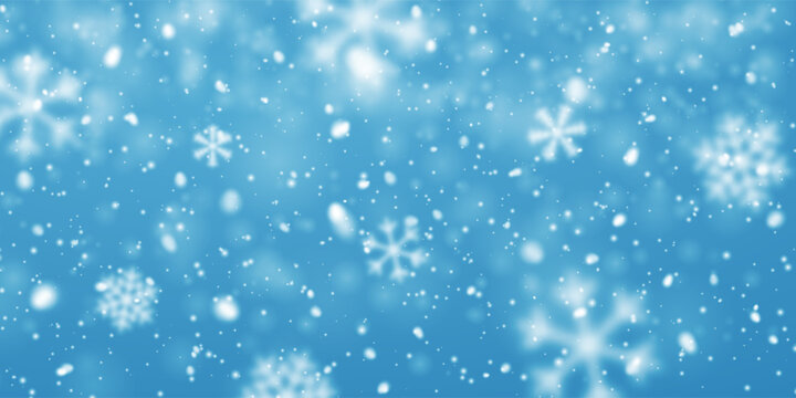 Christmas snow. Falling snowflakes on blue background. Snowfall. Vector illustration