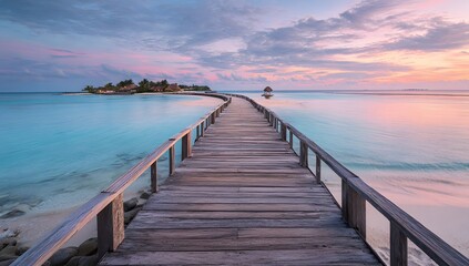 Obraz premium Long wooden pier stretching over calm turquoise ocean water towards a small tropical island with bungalows under a colorful sunset sky, ideal for travel and luxury resort themes.