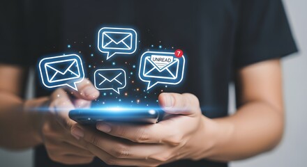 Person holding smartphone with glowing email notifications and message icons