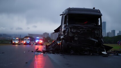 Damaged Truck and Emergency Responders on Roadside
