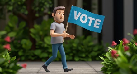 A Call to Action: A determined individual strides forward, brandishing a Vote flag. This thought-provoking image captures a sense of civic engagement and participation.