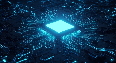 Close-up of a glowing blue microchip on a circuit board.