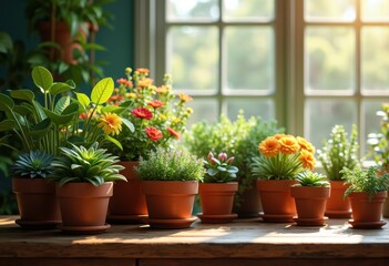Fototapeta premium vibrant colorful potted plants arranged rustic wooden desk capturing brilliance artistic charm, nature, interior, greenery, home, decor, botanical