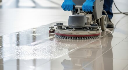 Commercial floor cleaning machine polishing glossy tile surface in modern building