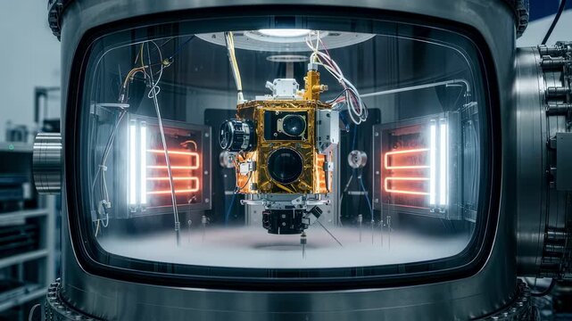 Weather satellite sensor installed in a climatecontrolled vacuum test chamber to replicate space vacuum and temperature extremes.