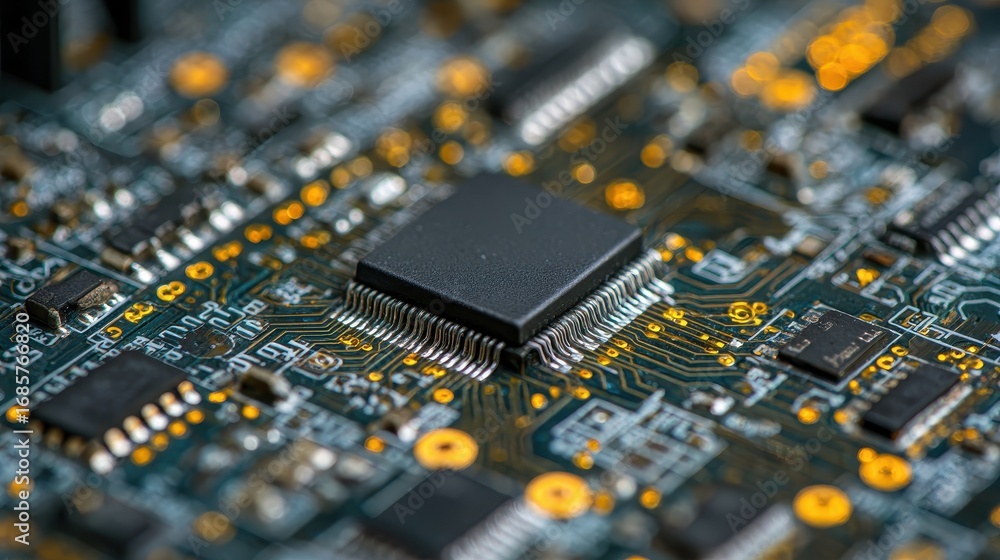 Poster close-up view of a microprocessor on a circuit board with intricate details in a tech workshop setti