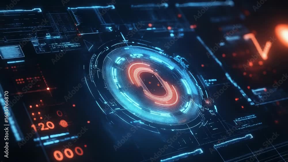 Poster futuristic hud display showing rotating circular element with data processing and analysis