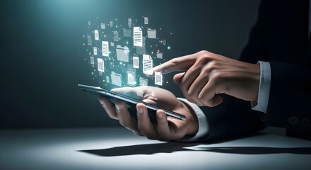 Businessman interacting with glowing digital data stream on smartphone screen