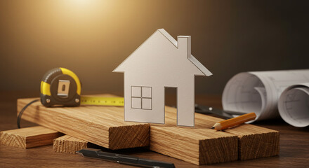 Dream home concept with blueprints, tools, and house cutout symbolising construction