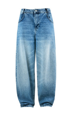 Baggy wide leg loose female jeans isolated on white, object cutout. Trendy clothes, denim pants.