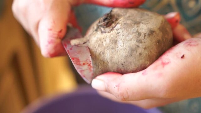 Hands peeling beet. Woman peels potato with a potato peeler. Beet are being prepared for cooking food. Close-up