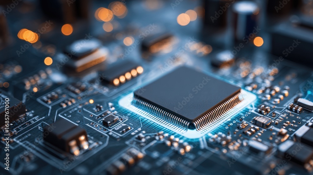 Poster close-up view of a microprocessor on a circuit board with glowing elements in a tech environment