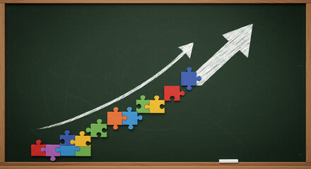 Strategic business growth represented by a puzzle arrow pointing upwards on chalkboard