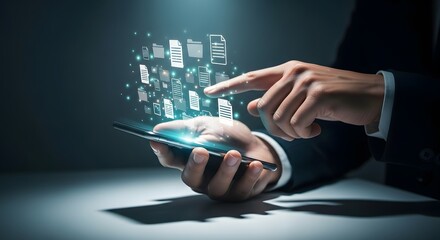 Businessman s hands interacting with digital data and information on a smartphone screen