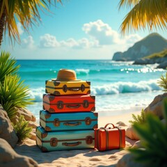 Fototapeta premium vibrant luggage stacked scenic destination colorful travel experience unforgettable adventure outdoor exploration, baggage, landscape, outdoors, journey