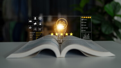 Customer feedback and satisfaction rating system showing star review, happy face, performance...