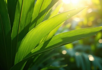 Obraz premium vibrant palm leaves tropical close sunlit background nature paradise spirit, colorful, green, texture, botanical, foliage, outdoors, plants, exotic