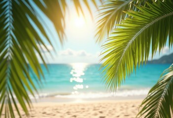 Fototapeta premium vibrant palm leaves sunlit beach background tropical paradise summer serenity lush green foliage coastline bliss, sand, sea, ocean, wave, sunlight, breeze
