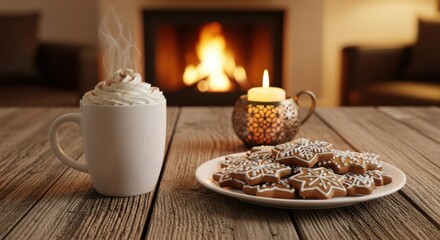 Cozy Winter Evening With Hot Chocolate And Star Shaped Cookies Next To A Warm Fireplace