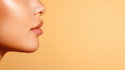 Close-up profile of a woman's face showcasing smooth skin against a soft orange background