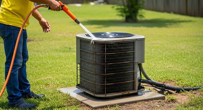 Man washing the outdoor air conditioning unit with a hose in the backyard