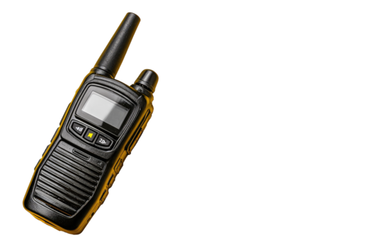Black handheld two-way radio angled, isolated on black background.  Small screen, antenna, and controls visible