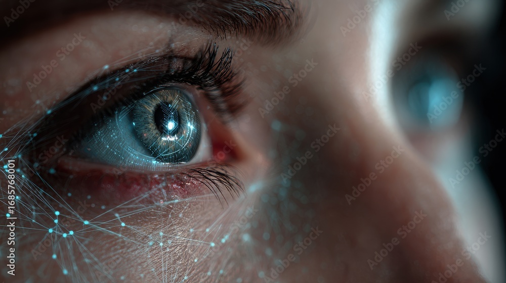 Poster close-up of a human eye with digital network patterns, showcasing technology's connection to vision 