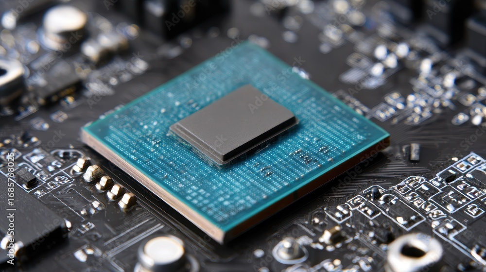 Poster close-up view of a microprocessor on a circuit board showcasing advanced technology and electronic c